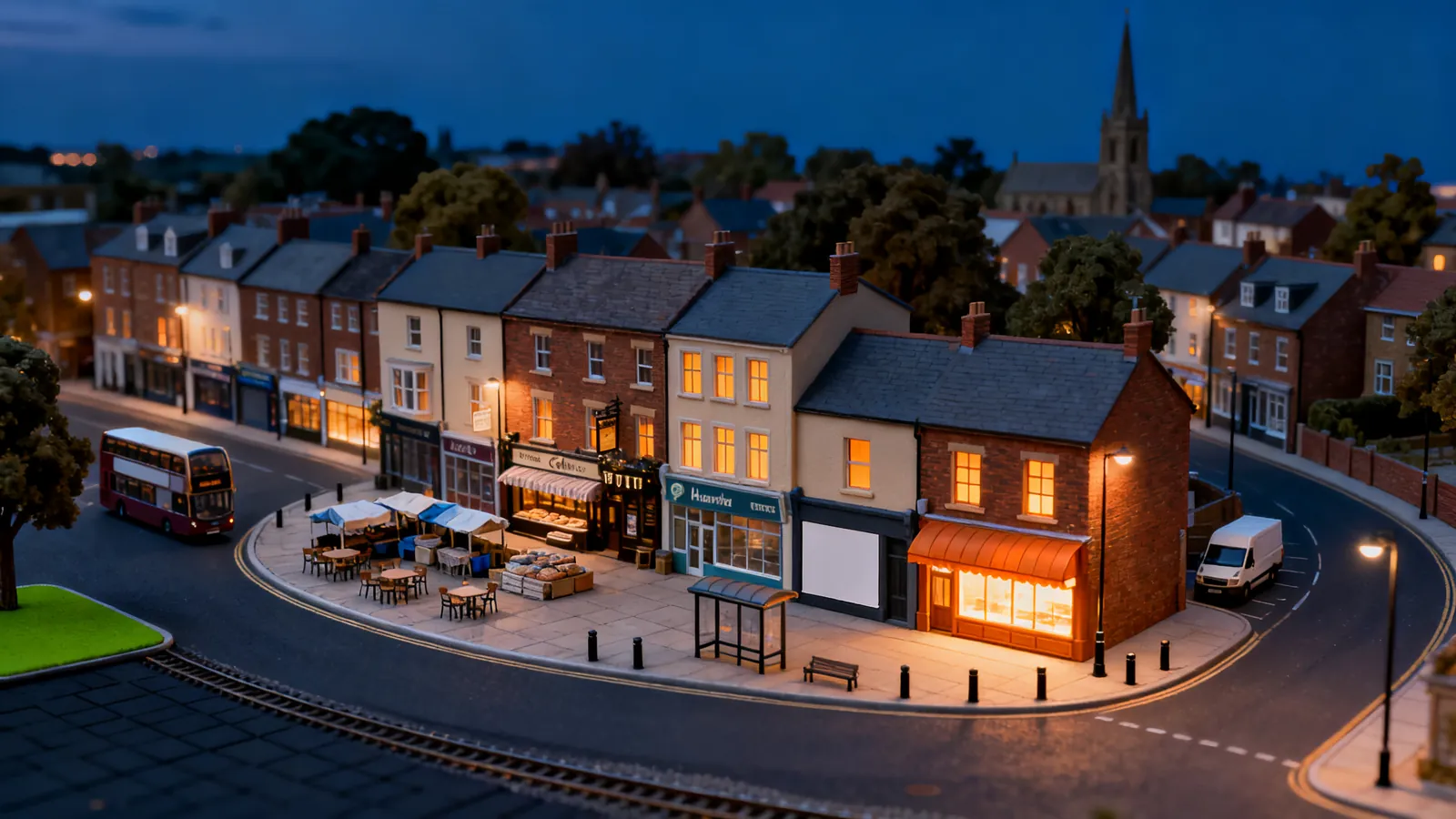 Model high street at dusk: shops and a café on a corner, a bus, a delivery van and a church spire behind