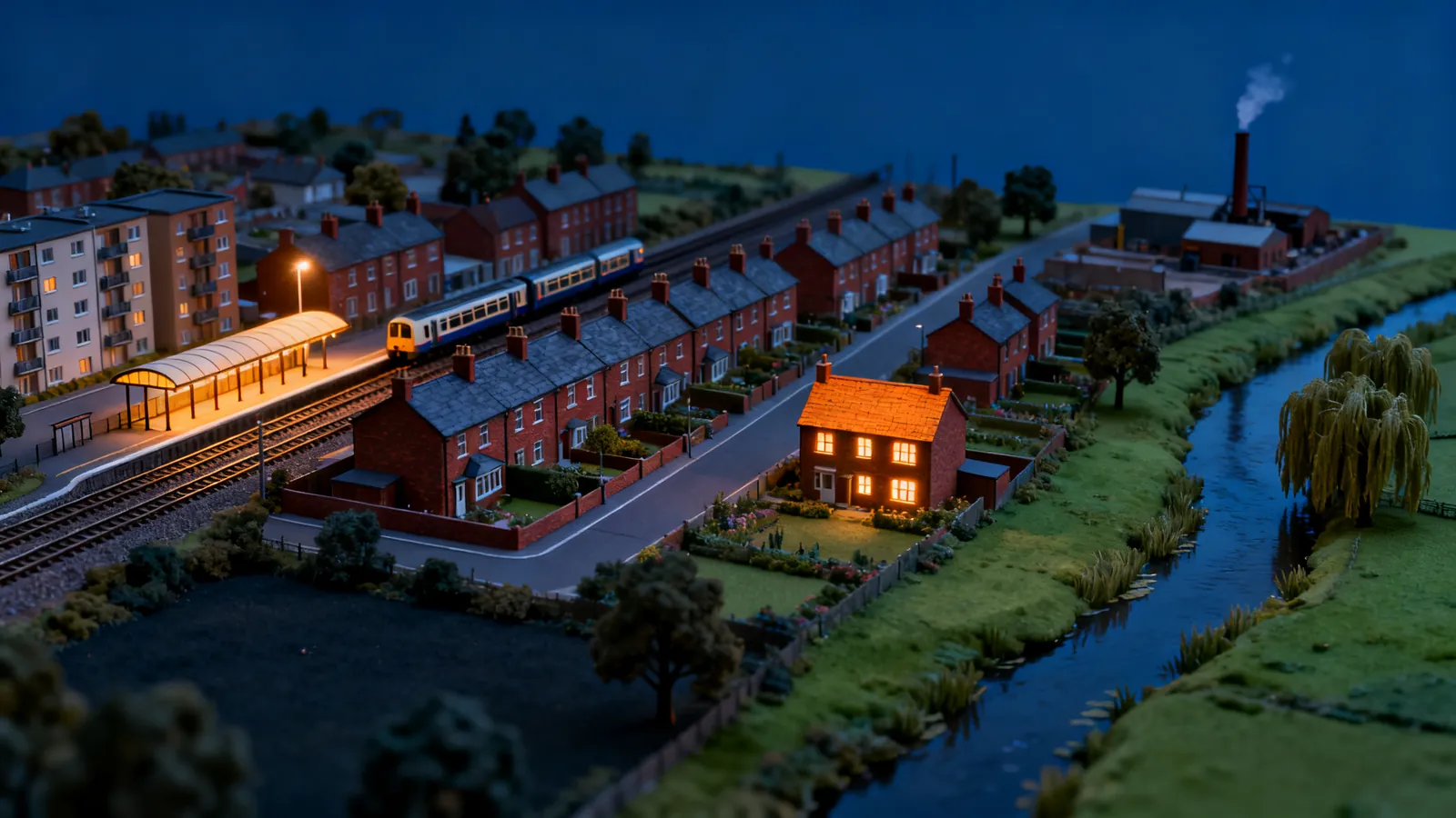 Model neighbourhood at dusk: a lit house beside a river, terraced streets, a railway station with a train and a factory chimney